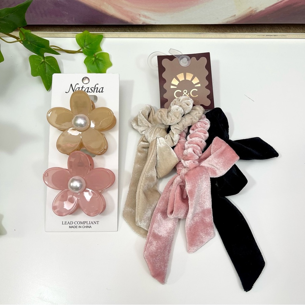 Natasha‎ Floral Hair Claws Clips & C&C Velvet Bow Scrunchies Set